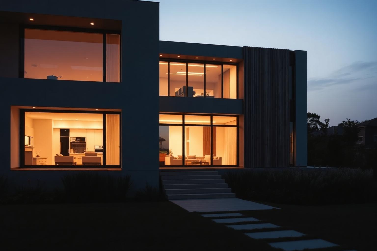 Moderne Villa bei Dämmerung mit warmem Licht