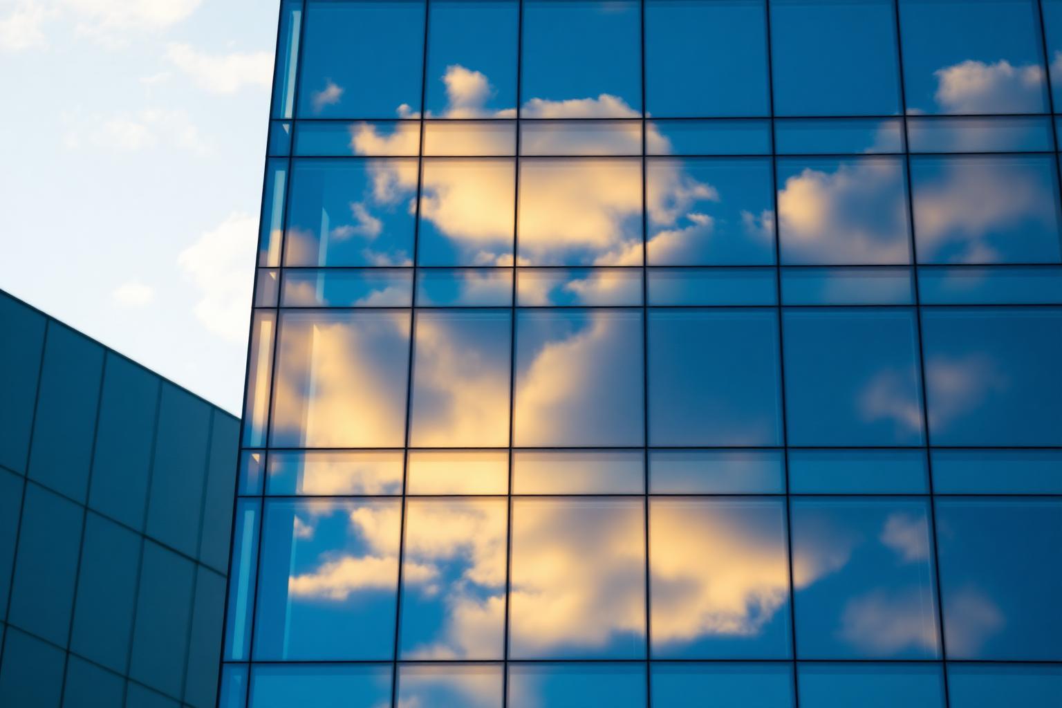 Glasfassade mit Wolkenreflexion